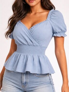 Kohl's Light Blue Smocked Wrap Peplum Blouse